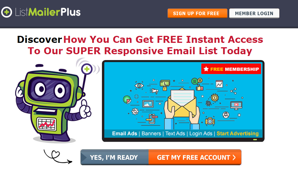 list mailer plus sign up screen