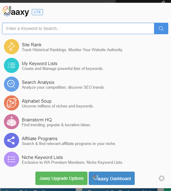 Jaaxy Lite Keyword Research Menu Screen